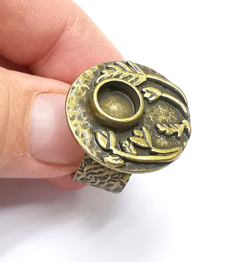 Flower Ring Blank Setting, Cabochon Mounting, Adjustable Resin Ring Base, Inlay Ring Blank Mosaic Bezels Antique Bronze Plated (8mm) G29303