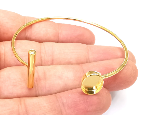 Shiny Gold Oval Bracelet Blanks, Cuff Bezels Cabochon Bases Resin Mountings, Cuff Frame, Adjustable Gold Plated Brass(11x8mm bezel) G28268