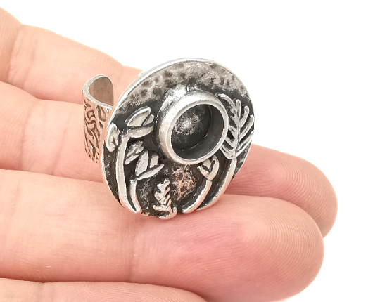 Flower Ring Setting , Tulip Ring, Branch Round Ring Blank , Cabochon Mounting, Adjustable Resin Base Bezels, Antique Silver (8mm) G28703
