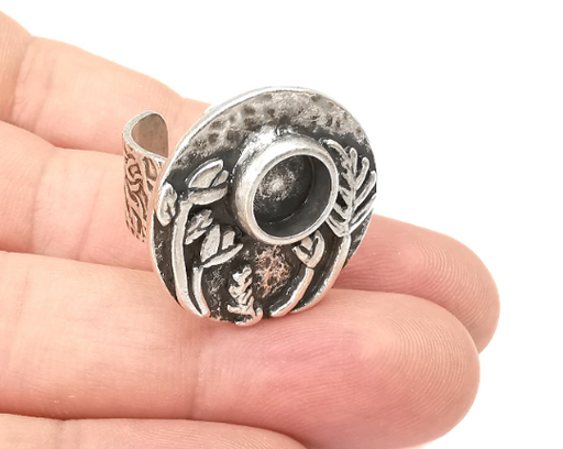 Flower Ring Setting , Tulip Ring, Branch Round Ring Blank , Cabochon Mounting, Adjustable Resin Base Bezels, Antique Silver (8mm) G28703
