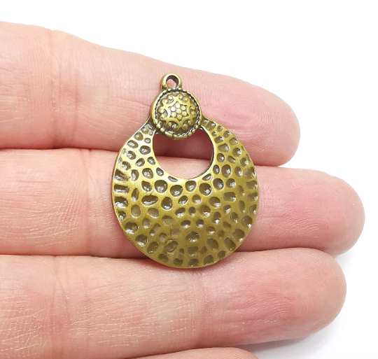 Hammered Dome Round Charms Antique Bronze Plated Charms, Earring Dangle Components (35x27mm) G29395