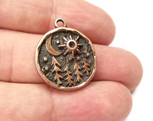 Tree Jungle Landscape Charms, Antique Copper Plated Crescent Sun Charms, Earring Dangle Components (25x21mm) G29272