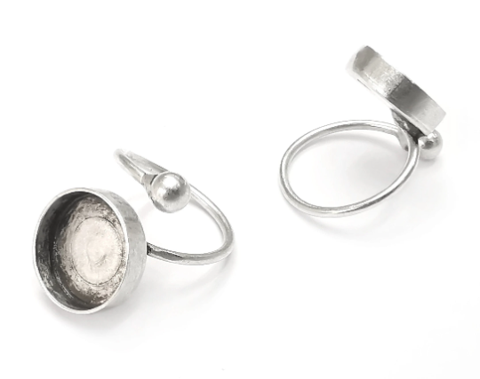 Wrap Ball Round Blank Silver Ring Setting Cabochon Mounting Adjustable Ring Base Bezel Antique Silver Plated Brass (14mm blank) G26657