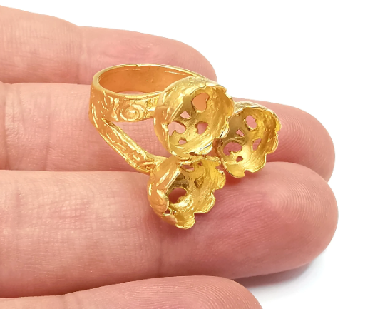 Flower Ring Setting , Cup Ring, Round Ring Blank , Cabochon Mounting, Adjustable Ring Base Bezels, Gold Plated Brass (10mm) G28715