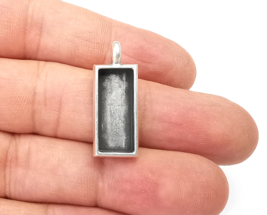 Rectangle Pendant Blank Bezel Resin Mosaic Mountings Antique Silver Plated Charms (28x11mm)( 20X8 mm Bezel Inner Size) G28096