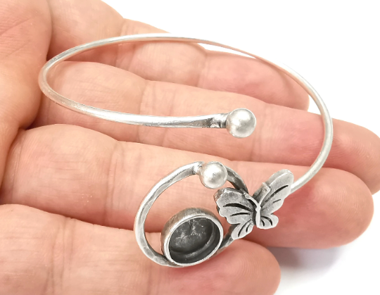 Butterfly Adjustable Bracelet Bases, Resin Cuff Blanks, Cabochon Bezel, Mosaic, Dry flower, Antique Silver Plated Brass (10mm) G28417