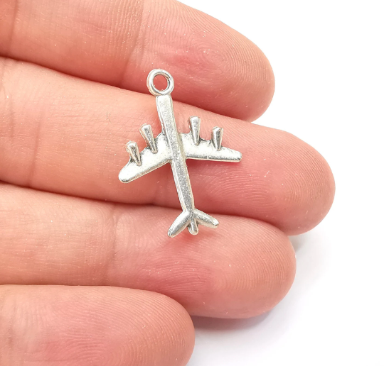 5 Passenger Aircraft Charms, Antique Silver Plated Charms (25x20mm) G28786