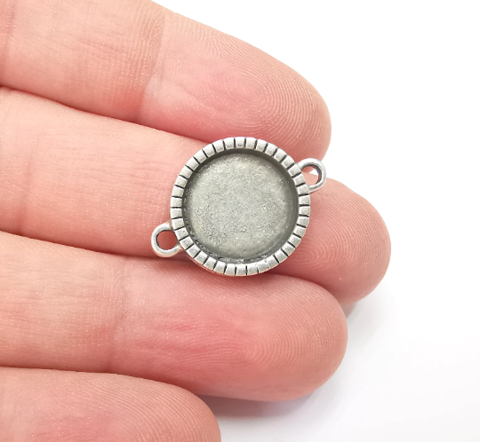 Round Pendant Connector Bezels, Resin Blank, inlay Mountings, Mosaic Frame, Cabochon Bases, Settings, Antique Silver Plated (14mm) G28923