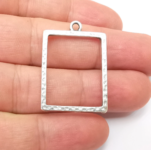 Rectangle Charm Antique Silver Plated Hammered Geometric Charms (35x24mm) G28731