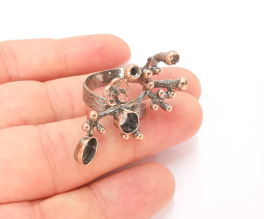 Sterling Silver Flowering Branch Ring Blank Bezel 925 Silver Ring Setting Resin Blank Cabochon Ring Mounting Adjustable Ring Base G30061