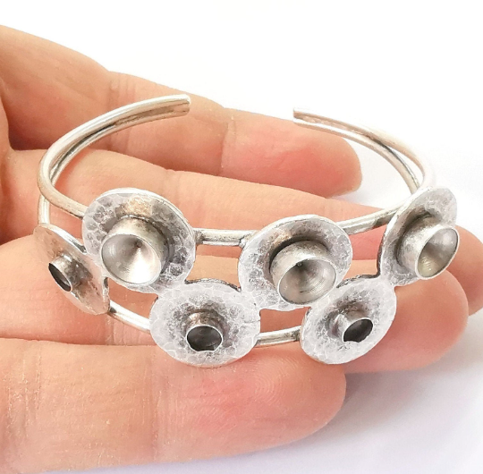 Hammered bracelet brass cuff blank bezel Glass cabochon base Adjustable antique silver(8mm - 5mm ) G24449