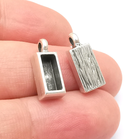 Rectangle Charm Bezel, Resin Blank, inlay Mounting, Mosaic Pendant Frame, Cabochon Base, Dry Flower Antique Silver Plated (10x4mm) G28726