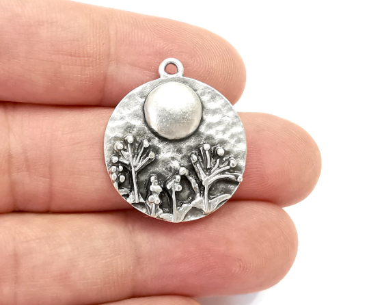 Flower Garden Full Moon Charms Hammered Round Landscape Pendant Antique Silver Plated (29x25mm) G28240