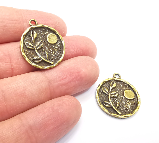 Branch Leaf Charms Plant Nature Stars Charms Full Moon Antique Bronze Plated Charms (26x22mm) G28014