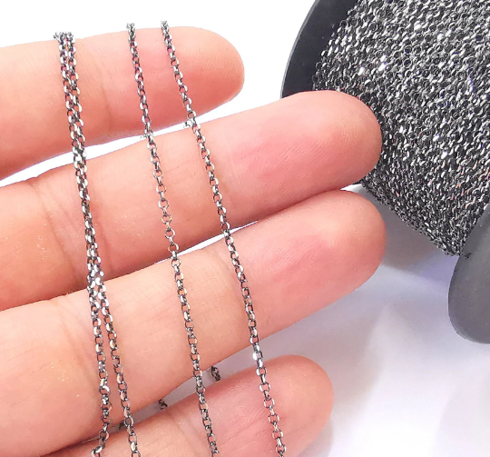 1mt(3.3ft) Sterling Silver Black Rolo Chain 925 Solid Silver Soldered Rolo Chain (1,6mm) G30062