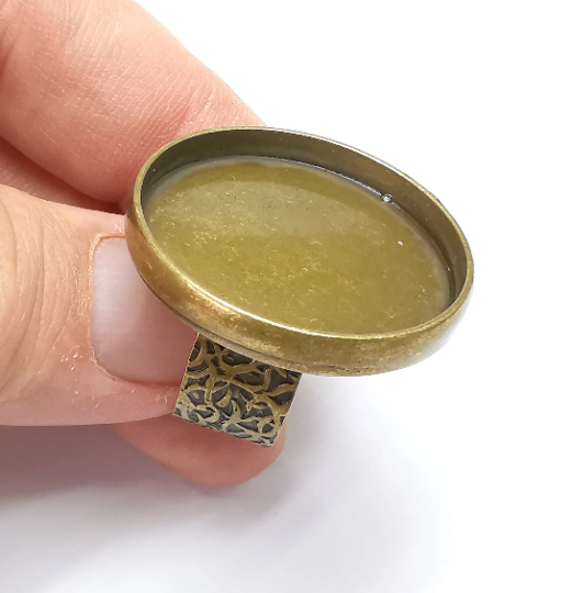 Round Ring Blank Setting, Cabochon Mounting, Adjustable Resin Ring Base, Inlay Ring Blank Mosaic Bezels Antique Bronze Plated (30mm) G29304