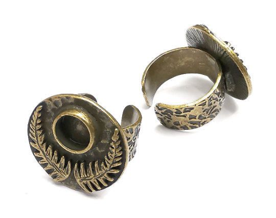 Fern Leaf Ring Blanks Settings, Cabochon Mounting, Adjustable Resin Ring Base Bezels, Antique Bronze Plated Brass (8mm) G29578