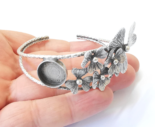 Flower Bracelet Brass Cuff Blank Bezel Glass Cabochon Base Adjustable Antique Silver (14mm ) G25021