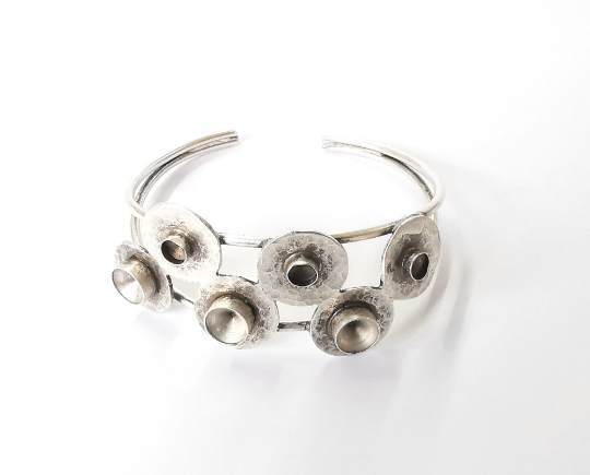 Hammered bracelet brass cuff blank bezel Glass cabochon base Adjustable antique silver(8mm - 5mm ) G24449