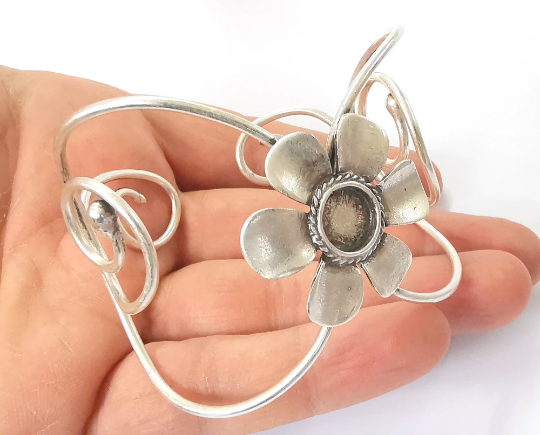 Flower bracelet brass cuff blank bezel Glass cabochon base Adjustable antique silver(10mm ) G24458