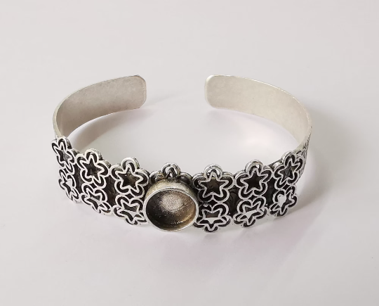 Stars bracelet brass cuff blank bezel Glass cabochon base Adjustable antique silver (10mm ) G24464