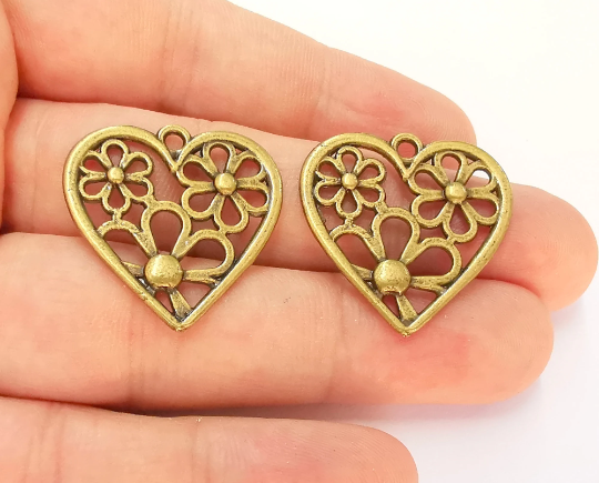2 Heart Flower Charms Antique Bronze Plated Charms (28x28mm) G22523