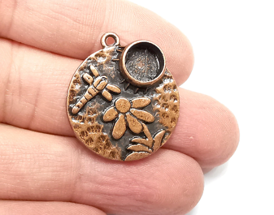 Dragonfly Flower Daisy Hammered Charms Blank Resin Bezel Mounting Cabochon Base Setting Antique Copper Plated (8mm Blank) G29800