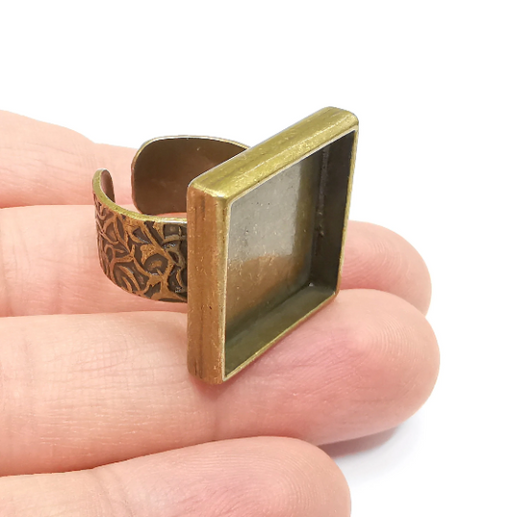 Square Ring Blank Setting, Cabochon Mounting, Adjustable Resin Ring Base, Inlay Ring Blank Mosaic Bezels Antique Bronze Plated (20mm) G29307
