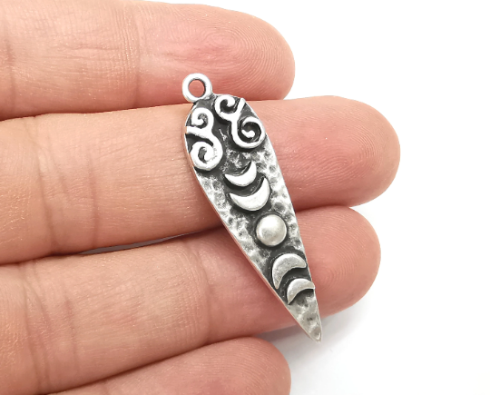 Crescent Moon Charms Hammered Spike Pendant Antique Silver Plated (42x12mm) G28497