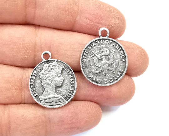 Coin Charms (Double sided) Antique Silver Plated Charms (26x22 mm) G28046