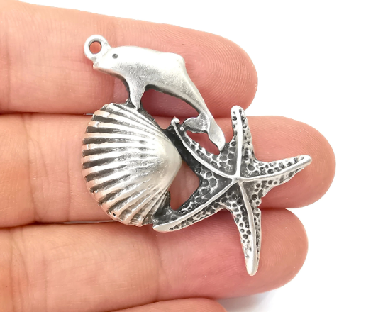 Dolphin Starfish Scallop Charms Pendant Antique Silver Plated (50x29mm) G28219