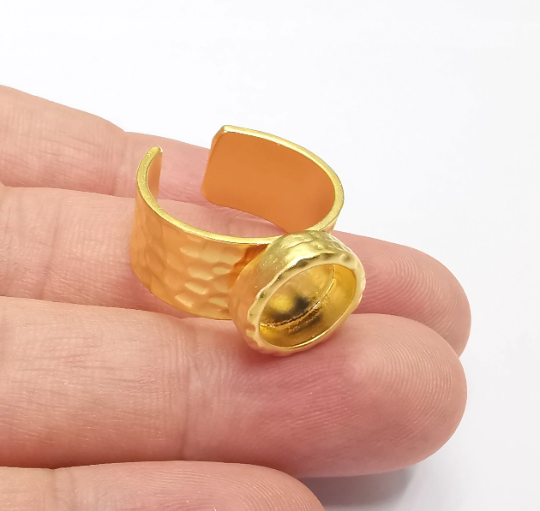 Hammered Ring Blank Setting Cabochon Base inlay Ring Hammered Mounting Adjustable Ring Bezel (10mm blank ) Gold Plated Metal G28257