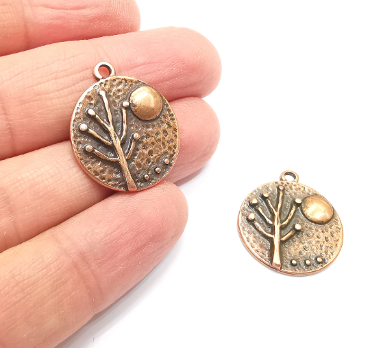 Tree Moon Charms Hammered Round Full Moon Pendant Antique Copper Plated Charms (26x22mm) G28016