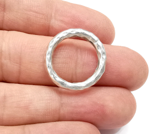 Hammered Round Connector Charms Antique Silver Plated Findings (22mm) G28499