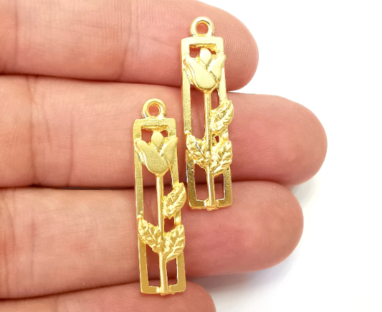 Flower Rose Leaf Charms Gold Plated Charms (33x8mm) G28262