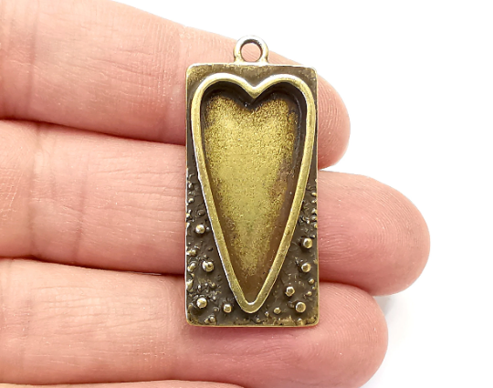 Heart Rectangle Pendant Blank Resin Bezel Mounting Cabochon Base Setting Antique Bronze Plated Charms 40x18mm (28x14mm Blank) G28001