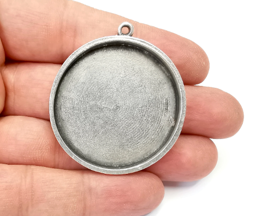 Round Pendant Blanks Resin Bezel Base Mosaic Mountings Antique Silver Plated (48x43mm)( 40 mm Bezel Inner Size) G28088