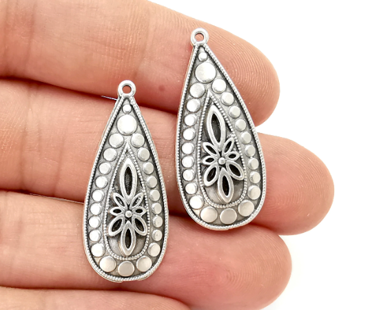 Flower Dome Drop Charms Antique Silver Plated Charms (34x15mm) G28252