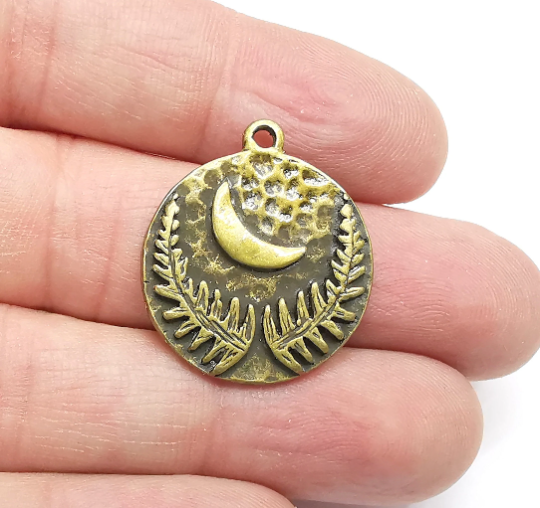 Crescent and Fern Leaf Charms Hammered Disc Pendant Antique Bronze Plated (28x24mm) G29383