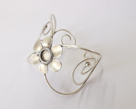 Flower bracelet brass cuff blank bezel Glass cabochon base Adjustable antique silver(10mm ) G24458