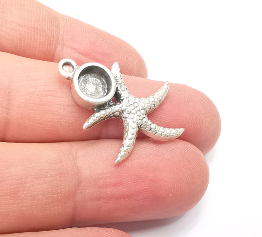 Starfish Pendant Bezel, Resin Blank, inlay Mounting, Mosaic Frame Cabochon Base Dry Flower Setting, Antique Silver Plated 6mm bezel G28927