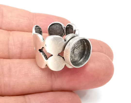 Circles Discs Silver Ring Blank Base Bezel Settings Cabochon Base Mountings Adjustable (12 mm Blank) , Antique Silver Plated Brass G28070