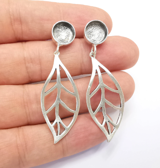 Leaf Silver Earring Set Base Wire Antique Silver Plated Brass Earring Base (10mm blank) G28325
