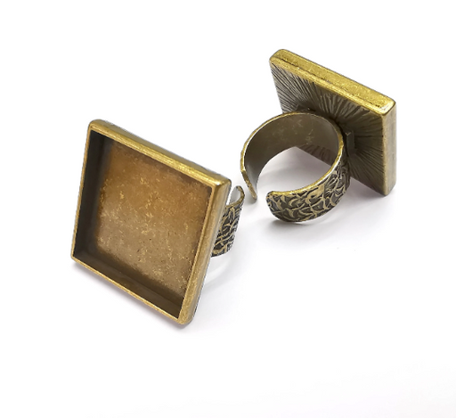 Square Ring Blank Setting, Cabochon Mounting, Adjustable Resin Ring Base, Inlay Ring Blank Mosaic Bezels Antique Bronze Plated (25mm) G29301