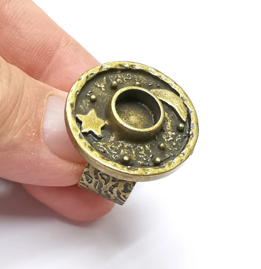 Moon and Star Ring Blank Setting, Cabochon Mounting, Adjustable Resin Ring Base, Antique Bronze Inlay Mosaic Ring Bezel (8mm) G29311