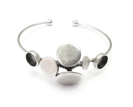 Discs Wire Bracelet Cuff Blank Bezel Glass Cabochon Base Adjustable Antique Silver Plated Brass (8mm ) G28988