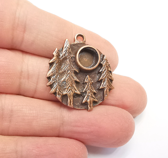 Pine Tree Round Charms Blank Resin Bezel Mosaic Mountings Cabochon Setting Antique Copper Plated Charms (32x28mm)(8mm Blank) G28004