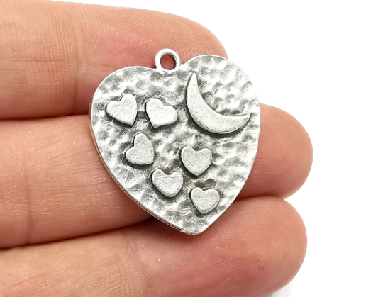 Heart Crescent Moon Charms Hammered Pendant Antique Silver Plated (29x27mm) G28242