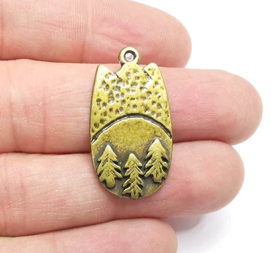 Trees Hill Charms, Tree Charms Hammered Pendant, Antique Bronze Plated (32x17mm) G29378