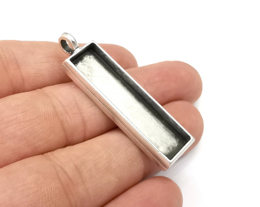 Rectangle Pendant Blank Bezel Resin Mosaic Mountings Antique Silver Plated Charms (50x13mm)( 40x10 mm Bezel Inner Size) G28089